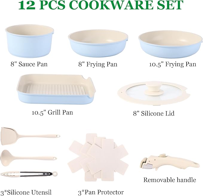 12 PCS Kitchen Cookware Sets with Detachable Handle,Pots and Pans Sets Non Stick, Induction Pan Set for RV Cookware,Oven Safe, PFOA Free竊뉰lue)
