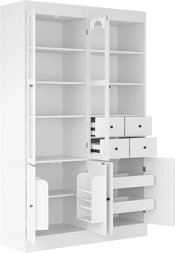 75-inch Tall Kitchen Pantry Cabinet, Freestanding Buffet with Hutch, Storage Cabinet with 4 Drawers, Door Shelves and Pull-Out Trays for Dining Room (White + MDF + Farmhouse)