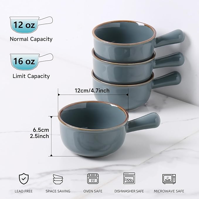 MONITO 16 Oz French Onion Soup Bowls, Ceramic Soup Bowls with Handles, Stackable Soup Crocks Oven Safe for Chili, Beef Stew, Cereal,Casseroles Microwave & Dishwasher Safe, Set of 4, Dusty Blue