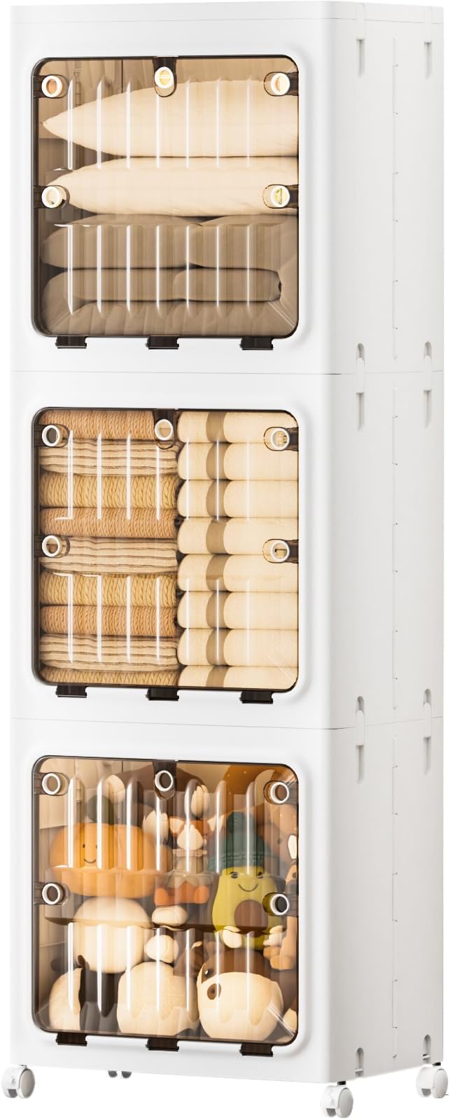 JEKO&JEKO Expanded Narrow Bathroom Storage Cabinet, 3-Tier Tall Cabinet Organizer with Wheels, Foldable Plastic Storage for Kitchen, Laundry Room or Home, White