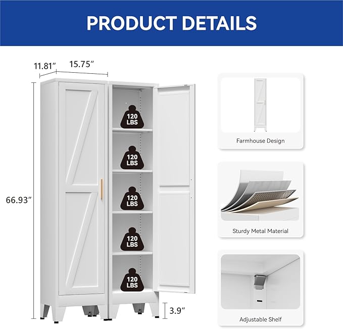COFaR 67'' Tall Slim Bathroom Storage Cabinet, Metal Narrow Bathroom Cabinet with 4 Adjustable Shelves and One Door, Skinny Cabinet Storage for Kitchen Laundry, White Farmhouse 5 Tiers