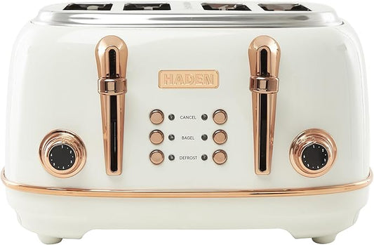 Haden Heritage 4 Slice Wide Slot Stainless Steel Toaster with Adjustable Browning Control & Non-Slip Feet, Ivory & Copper