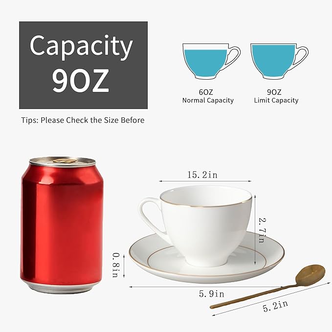 Bone China Tea Cups and Saucers Set (7 oz, Set of 4) ??White Luxury Fine Porcelain Mugs for Tea, Coffee, Latte Art, Barista Use, Elegant Gifting