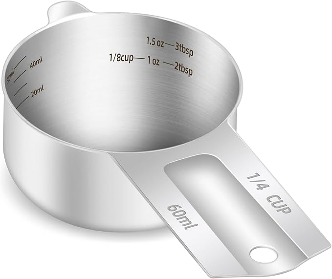 BERYLER 1PCS 1/4Cup (60ml, 2oz) Single Measuring Cup, Etched Inner Scale Stainless Steel Measure Scoop, Metric and US Measurement, Dishwasher Safe