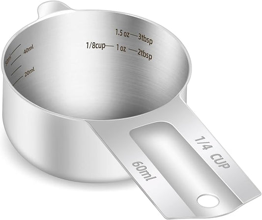 BERYLER 1PCS 1/4Cup (60ml, 2oz) Single Measuring Cup, Etched Inner Scale Stainless Steel Measure Scoop, Metric and US Measurement, Dishwasher Safe