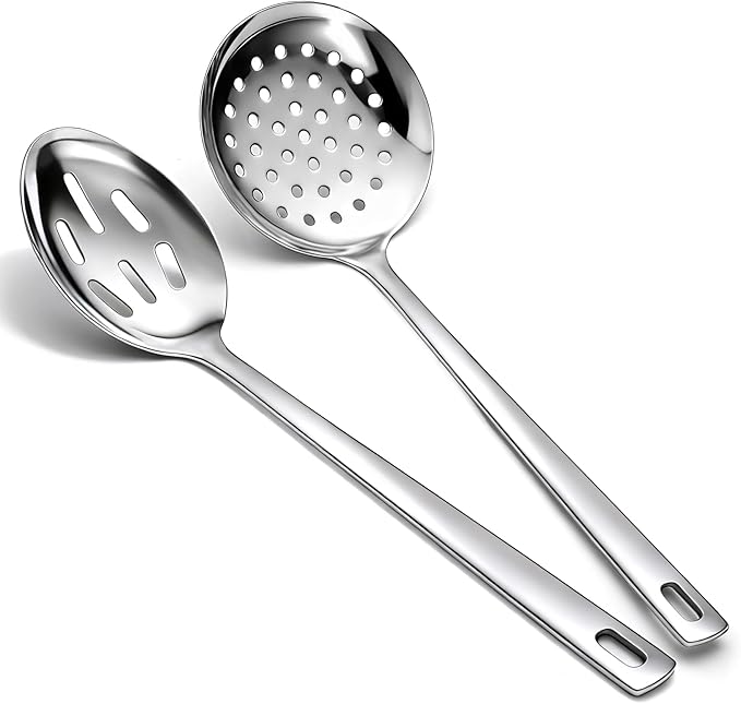 Berglander Slotted Spoons for Straining 2 pcs 13", Stainless Steel Kitchen Spider Strainer Skimmer Ladle for Straining Pasta/Cooking/Frying, Metal Kitchen Utensils Pasta Spoon