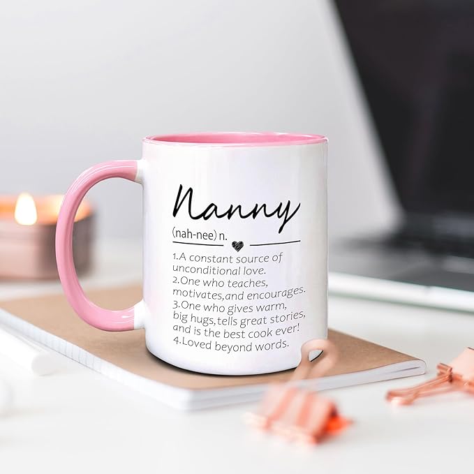 QASHWEY Nanny Definition Coffee Mug, Nanny Grandma Mother's Day Birthday Gifts for Granddaughter Grandson, Best Grandma Nanny Gifts Double Side Printed Ceramic Mug Cup 11 Ounce(Pink)