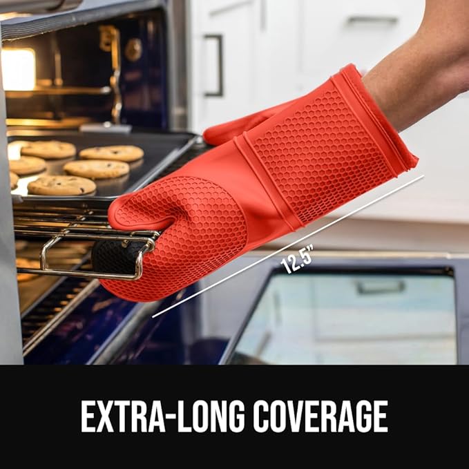 GORILLA GRIP BPA-Free Soft Silicone Oven Mitts, Heat Resistant and Waterproof Cooking Gloves, Thick Cotton Lining, Flexible Gripping for Baking Grilling, Kitchen Potholders Set of 2, 12.5x8.3, Coral