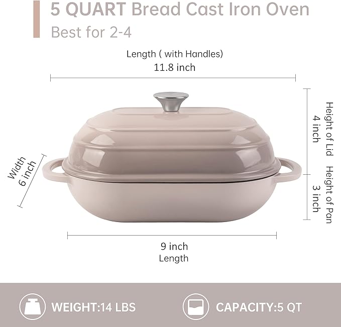 Premium Enameled Cast Iron Dutch Oven for Bread Baking | Non-Stick 2QT Oval Bread Oven with Lid | Perfect for Sourdough, Loaf, and Artisan Baking (Gradient Pink, 5 QT)