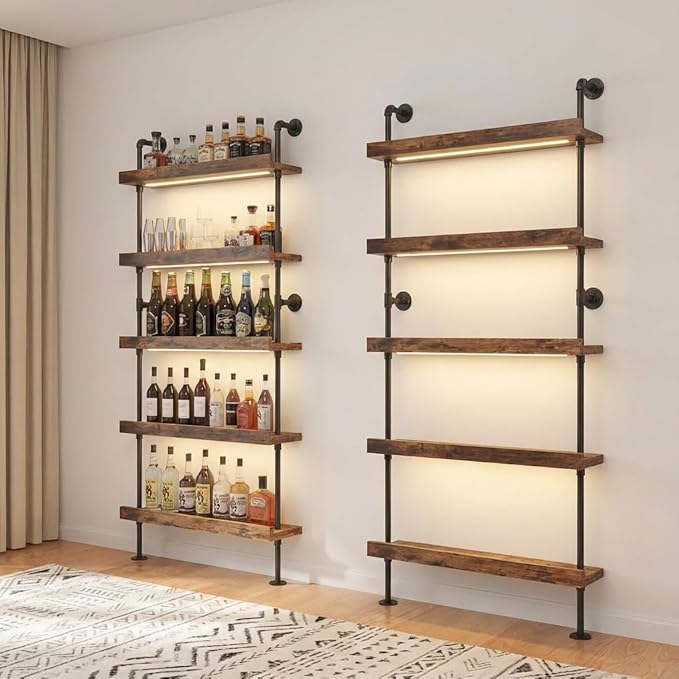 Wall Mounted Wine Rack 5-Tier with LED Lights, Holds 30+ Bottles, Metal Floating Bar Shelves, Liquor Bottle Display Organizer for Kitchen or Bar (40INCH-LED)