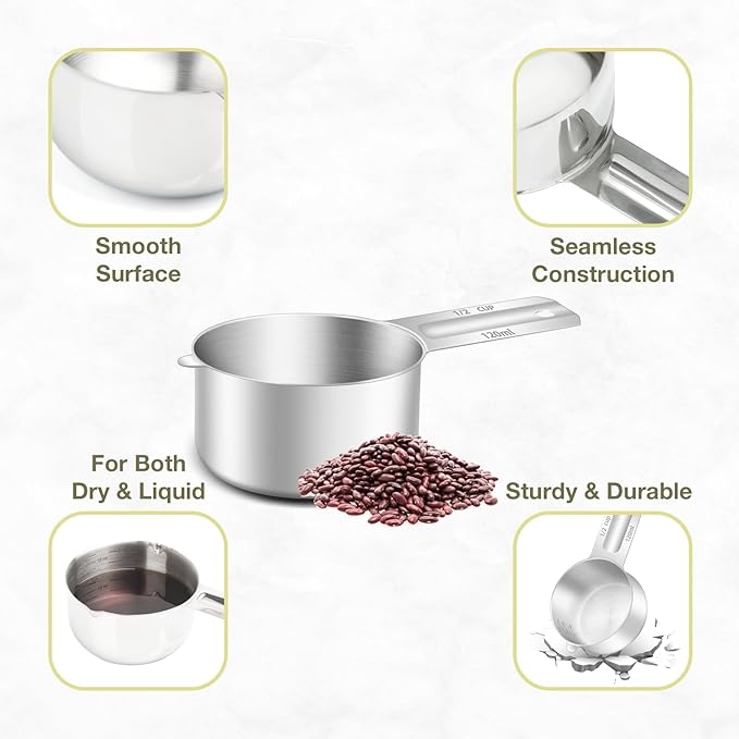 BERYLER 1PCS 1/2Cup (120ml, 4oz) Single Measuring Cup, Etched Inner Scale Stainless Steel Measure Scoop, Metric and US Measurement, Dishwasher Safe