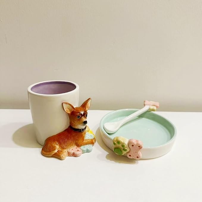 Ceramic Animal Coffee Mug Cup and Saucer Set竊?00ML(6.8OZ) 3D Hand-painted Tea Cup with Spoon (Brown)