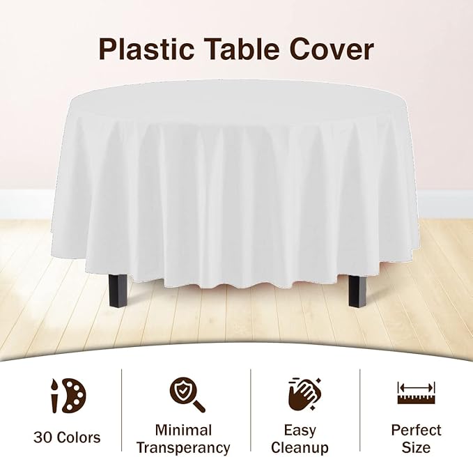 Party Solids 6-Pack Premium Plastic Tablecloth 84in. Round Plastic Table Cover - White