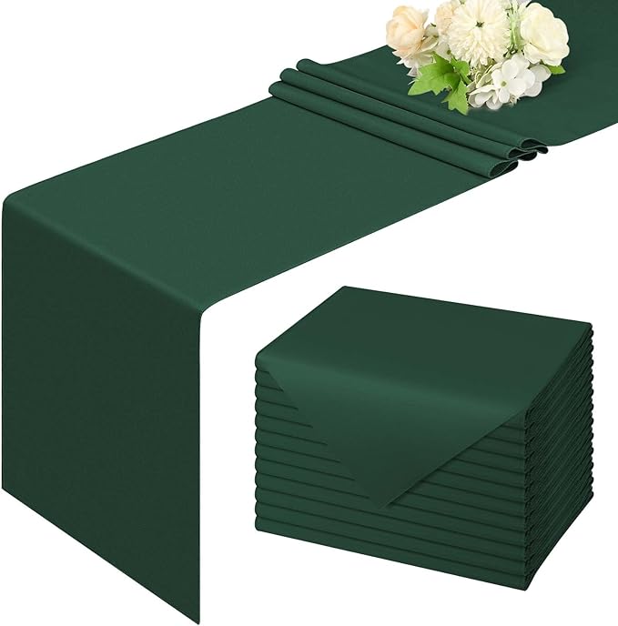 12 Pack Dark Green Table Runner 9FT Polyester Table Runners,12x108 inch Rustic Farmhouse Table Runner, Washable and Reusable Table Runners for Wedding Birthday Parties Banquet Christmas