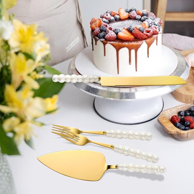 Wedding Cake Cutting Set, Wedding Cake Knife and Server Set, Ceramic Pearl Stainless Steel Pie Cutter, Bridal Shower Gifts, Engagement Gift for Couples (Gold, Set of 2)
