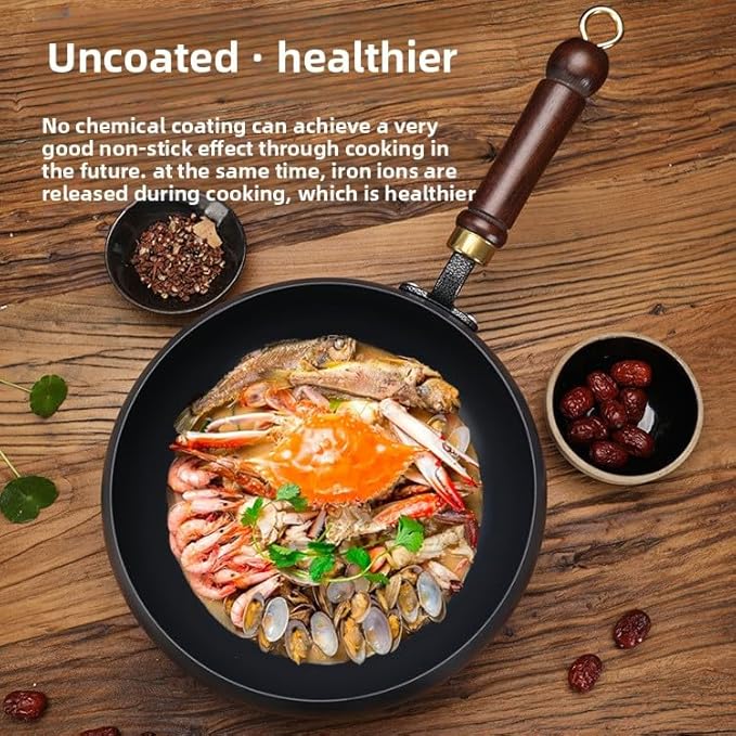 Japanese Iron Pan with Lid, Hand-Forged Uncoated Nonstick Frying Pan, 9.4 in Stir Fry Skillet for Gas Cooktops, Durable Rust-Free Iron Wok Pan (26cm with lid)