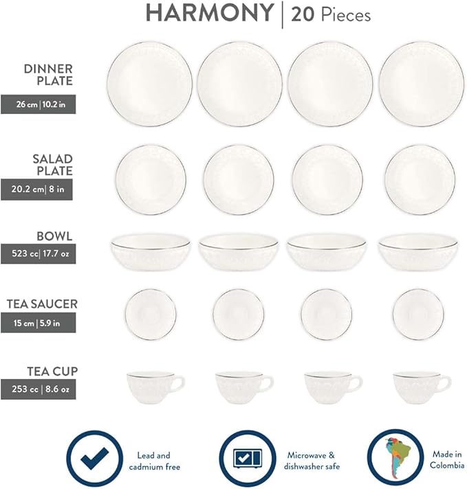 Corona 20?뱎iece Silver-Rim Elegant Embossed Floral Pattern Ceramic Dinnerware Sets, Plates Bowls and Cups, Service For 4, Harmony