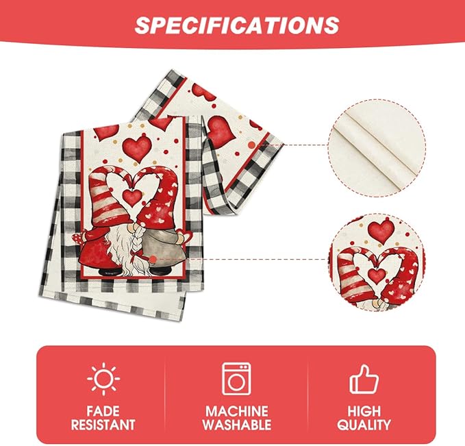Artoid Mode Watercolor Hearts Gnomes Love Valentine's Table Runner, Seasonal Anniversary Wedding HoliKitchen Dining Table Decoration for Indoor Outdoor Home Decor 13 x 90 Inch