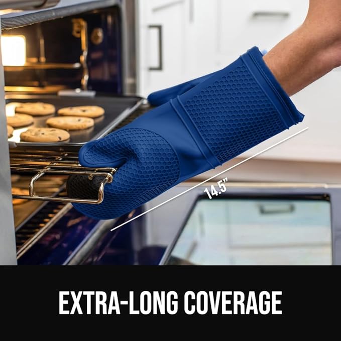 GORILLA GRIP BPA-Free Soft Silicone Oven Mitts, 14.5x8.3, Heat Resistant and Waterproof Cooking Gloves, Thick Cotton Lining, Flexible Gripping for Baking Grilling, Kitchen Potholders Set of 2, Blue