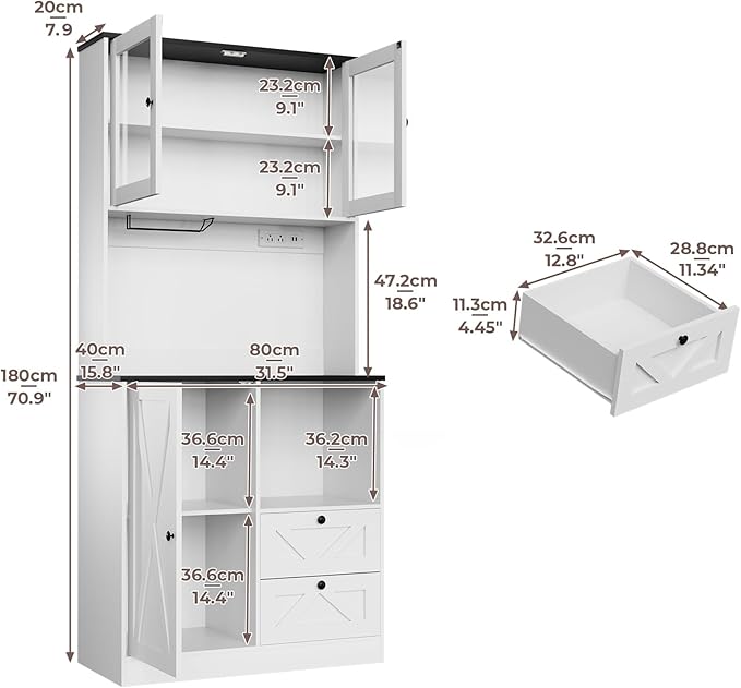 71?섃셁itchen Pantry Storage Cabinet with LED Lights and Power Outlet, Tall Farmhouse Kitchen Hutch with Microwave Stand,Globet Hooks and Adjustable Shelf for Dining Living Room,White