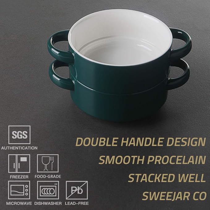 Sweejar Ceramic Soup Bowls with Double Handles, 20 Oz Stacked Bowls for French Onion Soup, Cereal, Pot Pies, Stew, Chill, Pasta, Set of 4 (Jade)