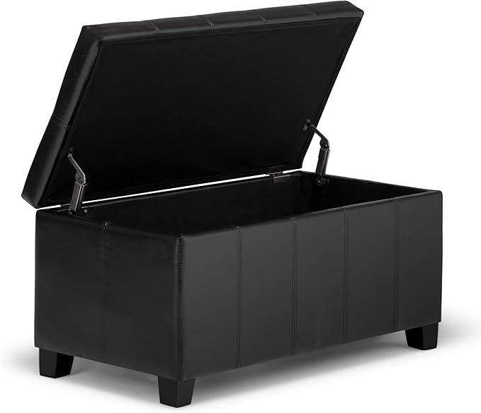 SIMPLIHOME Dover Storage Ottoman Bench - 36 inch Wide Upholstered Vegan Leather Rectangular Lift-Top Ottoman in Midnight Black, Contemporary Bench for Living Room with Safety Hinges