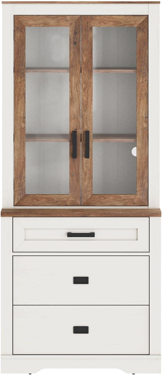 WAMPAT 3 Tier Pantry Cabinet with Drawer,73.3" Tall Floor Standing Cupboard,Modern Farmhouse Display Kitchen Buffet with Adjustable Shelves and Glass Door for Dining Room,Living Room,White Oak