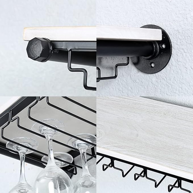 Industrial Wine Rack Wall Mounted with 5 Glass Holder,Wine Glass Rack Floating Wine Glass Shelf,24in Pipe Shelving Hanging Wood Shelves