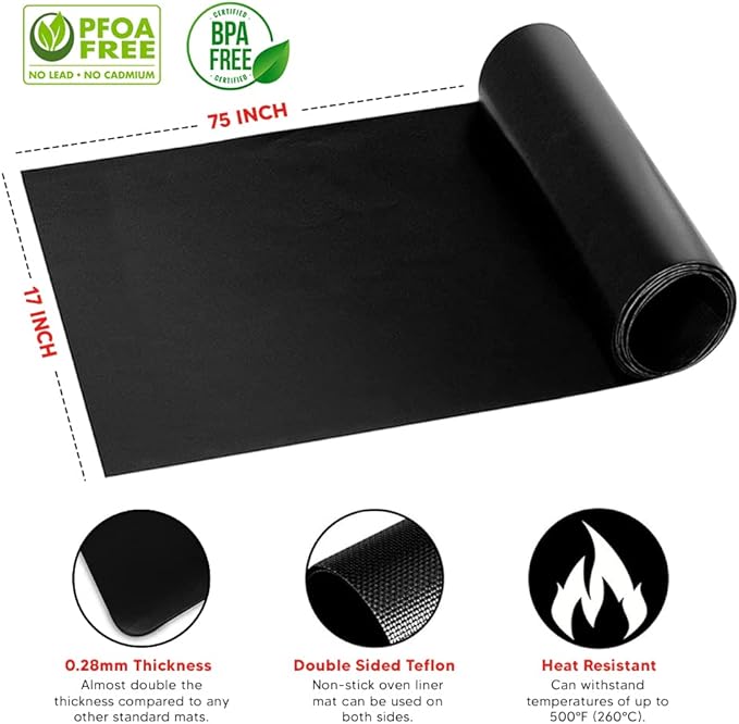 Teflon Liner Roll for Ovens, Stovetops & Grills (75??x 17?? - Custom Cut to Size & Shape Needed - Versatile Non-Stick Teflon Mat, Can Use As Oven Liner, Grill Mat, Stovetop Cover, Baking Sheet, etc.