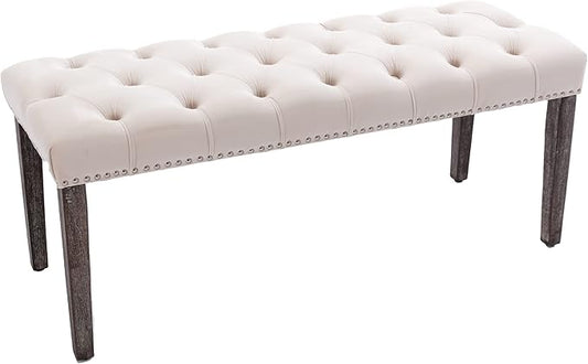 KCC Button-Tufted Ottoman Bench, Upholstered Bedroom Benches Velvet Footrest Stool Accent Bench for Entryway Dining Room Living Room Bedroom End of Bed, Beige