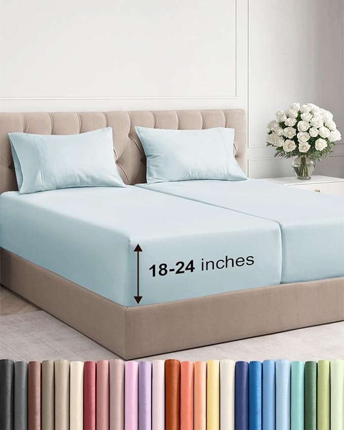 Extra Deep Pocket Split King Sheets - 5 Piece Breathable & Cooling Bed Sheets - Hotel Luxury Sheet Set - Soft, Wrinkle Free & Comfy - Easily Fits Extra Deep Mattresses - Deep Pocket Ice Blue Sheets