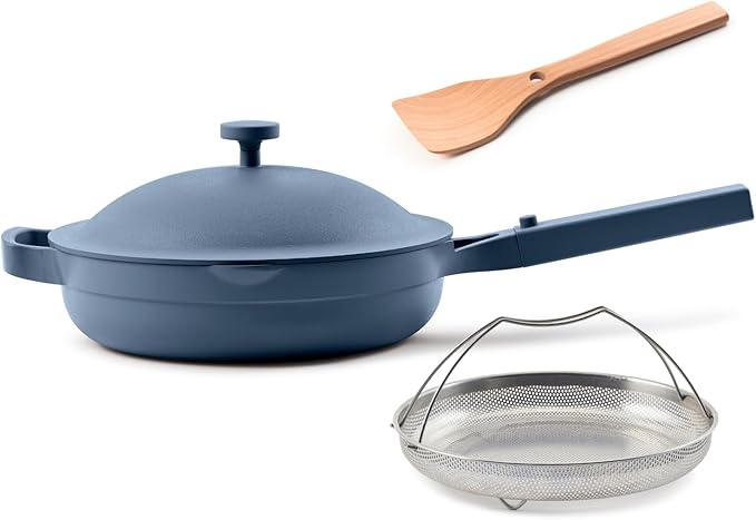 Our Place Always Pan 2.0-10.5??(2.6 Qt) Nonstick, Toxin-Free Ceramic Cookware | Patented 10-in-1 Aluminum Frying & Saut챕 Pan | Safe for Oven, Induction & All Cooktops up to 450째F | Blue Salt