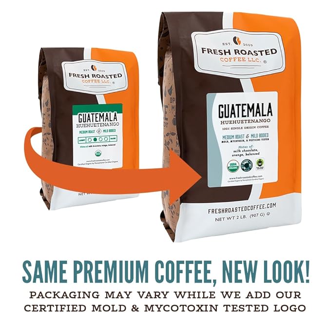 Fresh Roasted Coffee, Organic Guatemala | Single Origin, USDA Organic, Mold & Myco 3rd Party Tested, Kosher | Medium Roast 5 lb (80 oz) Whole Bean