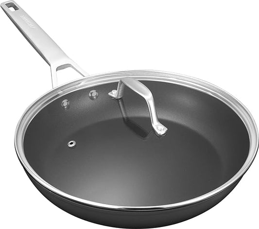 MsMk 11 Inch Nonstick Frying Pan with Lid竊똖itanium and Ceramic Nonstick skillet with lid, PFOA Free Non-Toxic, Stay-Cool Handle, Scratch-resistant, Induction Skillet With Lid for Induction, Ceramic