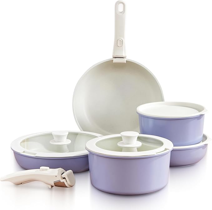 GOURMETIFIC짰 Pots and Pans Cookware Set [11 PIECES] - Non Toxic Ceramic Coated Cooking Ware - Induction, Gas & Oven Kitchenware - Non Stick Pot & Pan with Removable Handles & Stackable (Lavender)