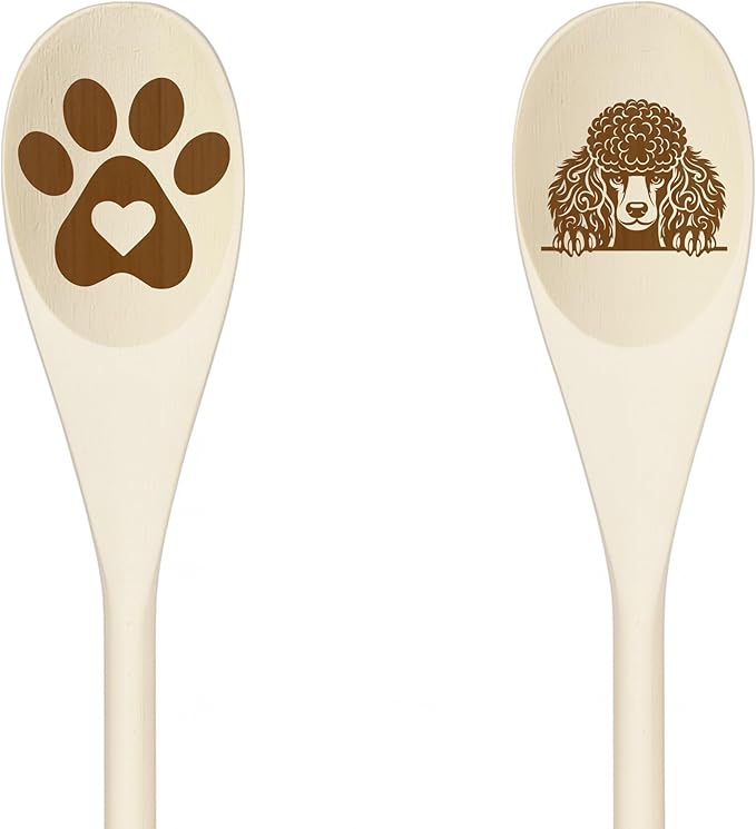 POODLE Wooden Spoons for Cooking, Serving or Decorative Kitchen Utensils Set Dog Lover Dog Mom/Dad Gift with Peeking Dog Designs, Paw Print and Dog Head, Kitchen Utensils Set of 2