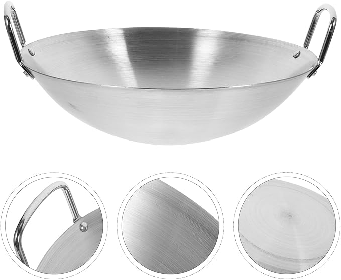 STOBOK Stainless Steel Wok Pan 10 Inch Round Bottom Double Handle Frying Pan for Stir-Frying Sauteing and Cooking on Induction and Gas Cooktops