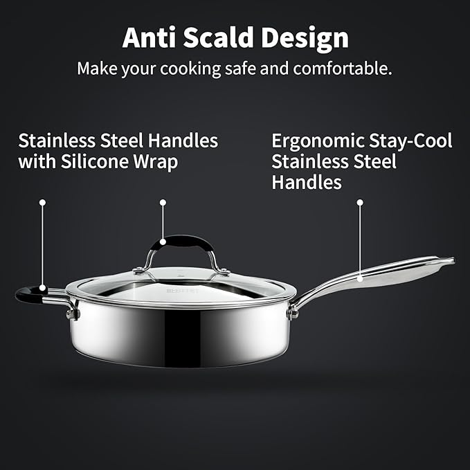 Tri-Ply Stainless Steel Saute Pan with Steamer, 5 Quart Deep Saut챕 Pan with Lid and Stay Cool Handle,11.5 Inch Frying Pan,Dishwasher and Oven Safe,Induction Stainless Steel Cookware
