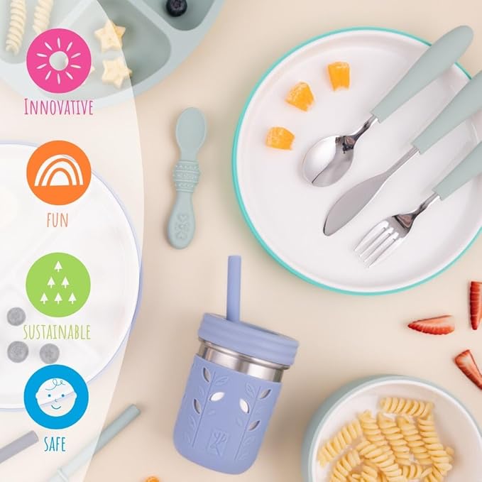 Elk and Friends Kids 7.8??Porcelain White Plates with Silicone Sleeves + Lids | Suitable for Babies/Toddlers | Microwave & Dishwasher Safe | Non Slip Dinnerware | Snack Dishes | 4 Pack