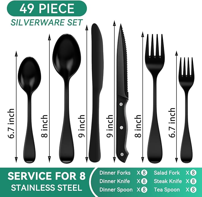 49-Piece Black Silverware Set with Organizer, Stainless Steel Flatware Set for 8 with Drawer Tray, Cutlery Steak Knives Fork Spoon for Home Restaurant, Mirror Finish