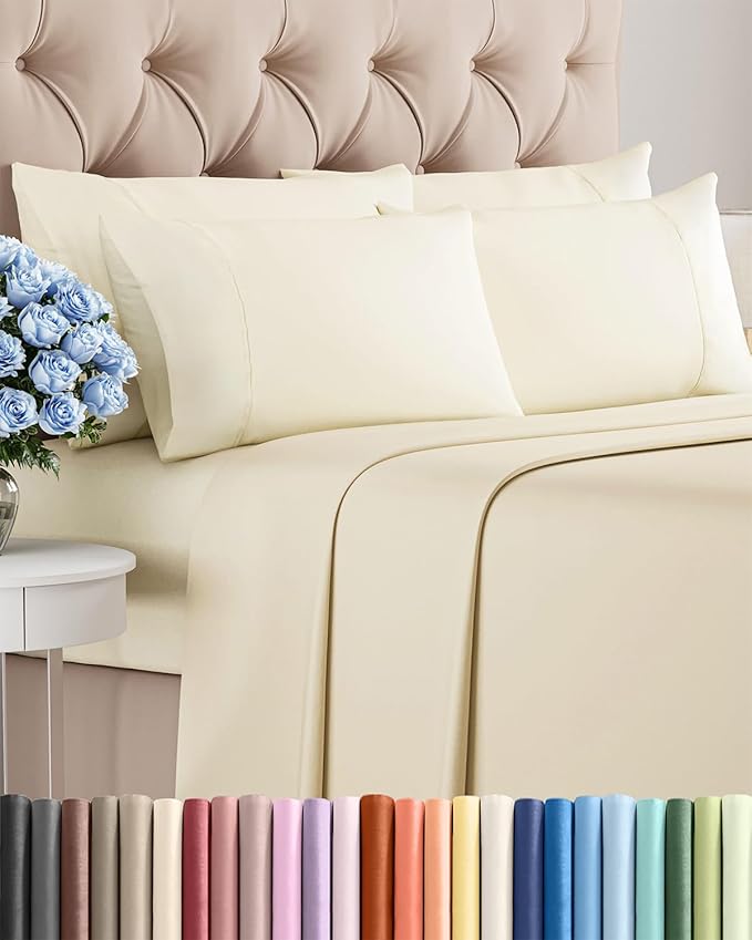 Queen Sheets Set 6 Piece - Includes 4 Pillowcases - Bed Sheets Queen Size - Soft Hotel Luxury Bedding - Cooling, Comfy, Cozy & Breathable - 1 Flat, 1 Fitted & 4 Pillowcases w/ Deep Pockets - Off White