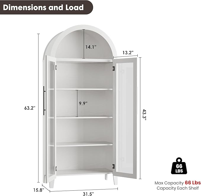 GarveeHome Arched Kitchen Pantry Storage Cabinet - Farmhouse 5 Tier Display Shelf with Adjustable Shelf and 2 Large Glass Doors, Versatile Cupboard for Kitchen, Dining Room, Living Room, White