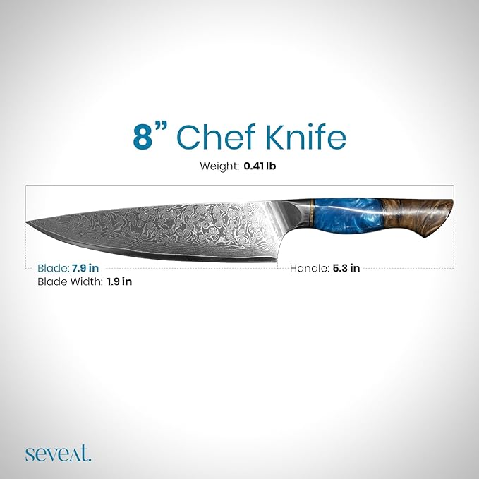Damascus Kitchen Knife, 67-Layer Damascus Steel, 13??Professional Chef Knife for Kitchen, Ergonomic Wood & Resin Handle in Gift Box, Ideal for Gifting (Blue, 1 piece)
