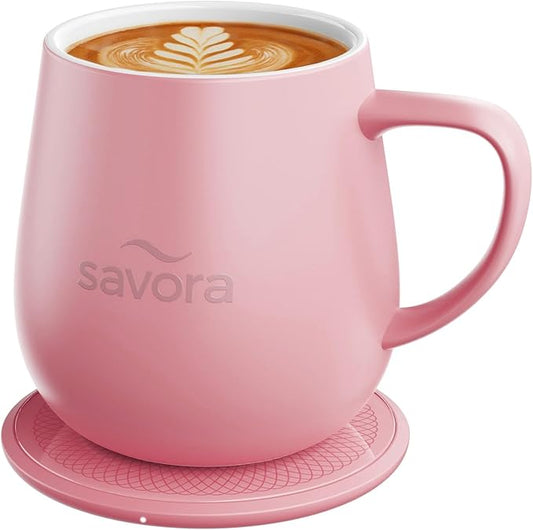 12oz Heated Coffee Mug | Barista?셲 Choice | Exclusive Wireless IntelliHeat Pad | Temperature Control Maintains 135째F | Hand-Crafted Ceramic Mug & Lid | Great for Tea Drinkers | Backed for Life - Pink