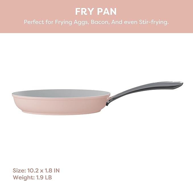 CIARRA Non Stick Frying Pan (10.2") & Ceramic Sauce Pan (3qt) - Non Toxic, PTFE & PFOA Free - Oven Safe & Compatible with All Stovetops, Pink