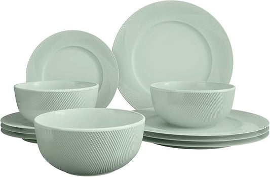 Yoshy 12-Piece White Bone China Dinnerware with Lightweight Durable Chip Resistant Design Service for 4 (12 Piece - Service for 4, Willowmist)