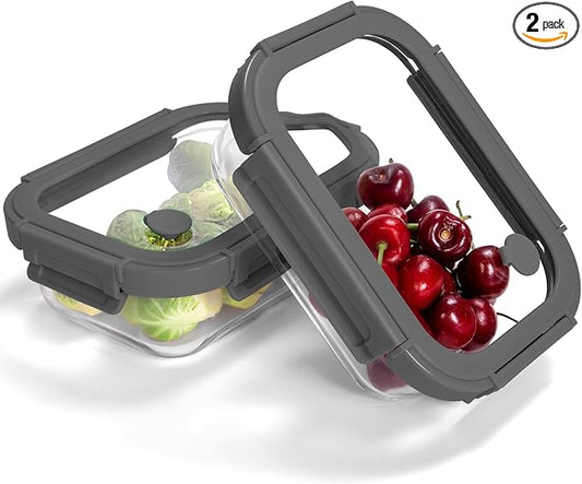 2-Pack Glass Food Storage Containers with Tempered Lids (630ml/2.7cup) - Airtight Snap Lock, Microwave & Oven Safe (-4?? 950째F), Freezer to Baking Dish, BPA-Free, Gift Box (Gray)