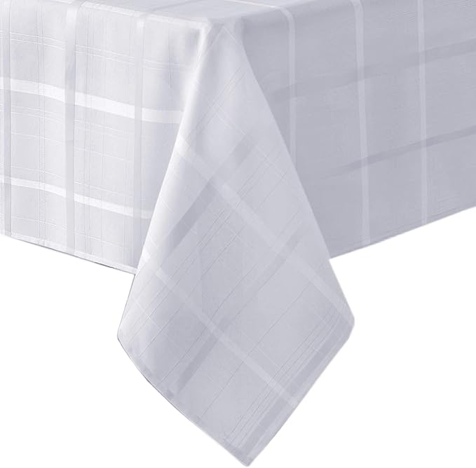 Newbridge 52 x 52 Inch Square Fabric Tablecloth, Elegance Plaid, 100% Polyester, No Iron Soil Resistant Dining Room, Party and Banquet Table Cover, Solid Textured, White