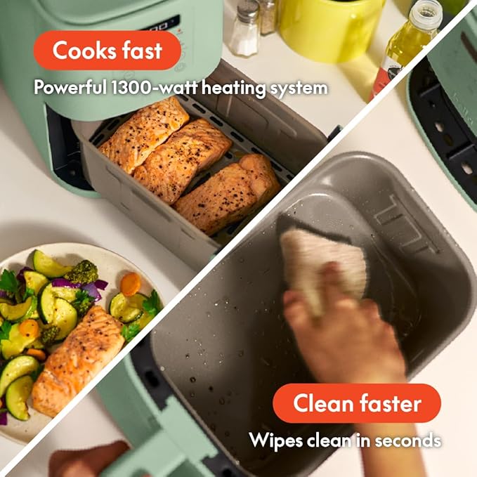 bella 4Qt Slim Air Fryer, Fits-anywhere??Kitchenware, EverGood??Ceramic Nonstick Coating, Adjustable Temperature, 6 Preset Cooking Options, 60 Min Auto Shutoff w Audible Tone, 3.3lb Capacity, Seaglass