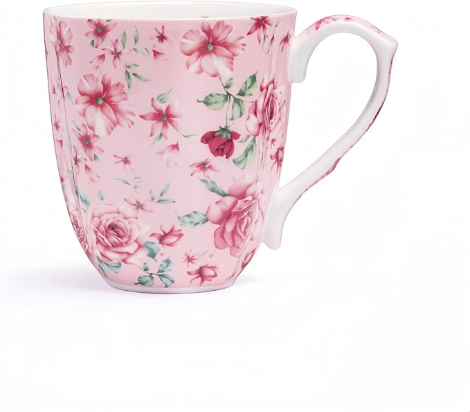 14oz Bone China Coffee Mugs for Women Floral Coffee Mug Tea Cups Novetly Coffee Cups Gift for Women Mom Friends (Pink rose)